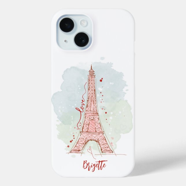 Funda De Case-Mate Para iPhone Boceto de acuarela Torre Eiffel monogramada (Reverso )