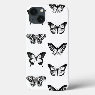 Funda Para iPhone 13 Boceto de mariposa, blanco y negro