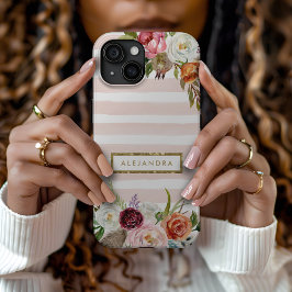 Funda Para iPhone 15 Boho Blooms Rubor Stripe Monograma