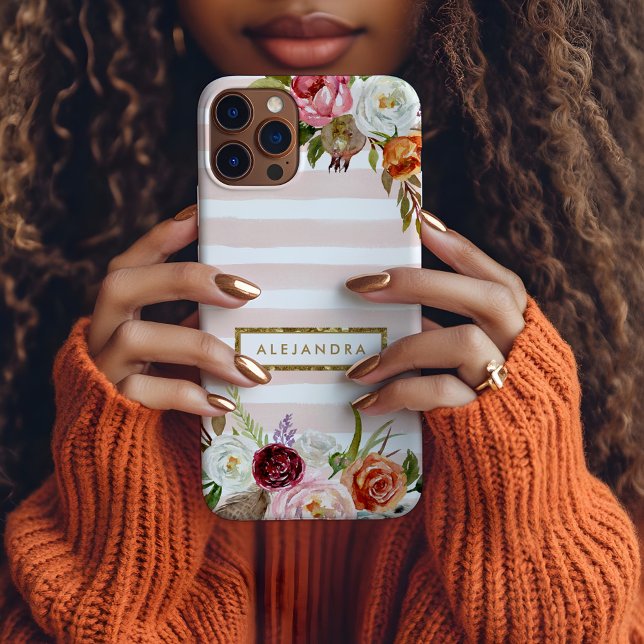 Funda De Case-Mate Para iPhone Boho Blooms Rubor Stripe Monograma (Subido por el creador)