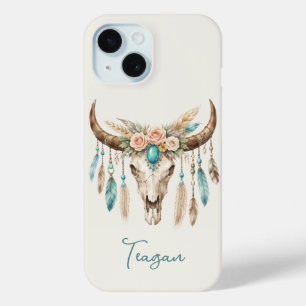 Funda Para iPhone 15 Boho Chic Acuarela Floral Cráneo de Vaca