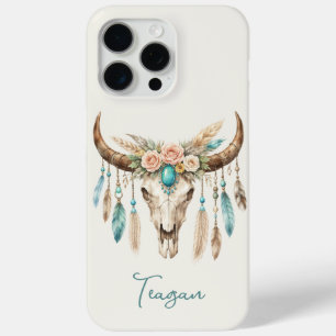 Funda Para iPhone 15 Pro Max Boho Chic Acuarela Floral Cráneo de Vaca