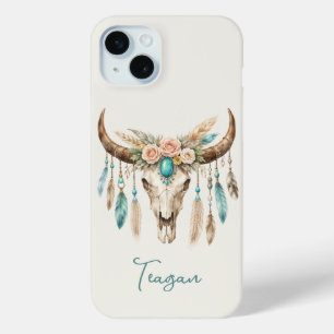 Funda Para iPhone 15 Mini Boho Chic Acuarela Floral Cráneo de Vaca