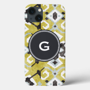 Funda Para iPhone 13 Boho chic patrón tribal ikat negro y amarillo
