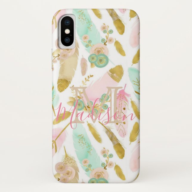 Funda De Case-Mate Para iPhone Boho Feathers Pink Blue Green Guay Nombre inicial (Reverso)