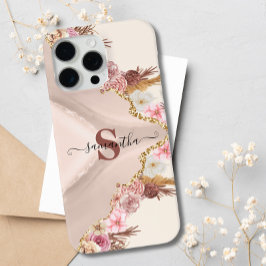 Funda Para iPhone 15 Pro Max Boho Floral Agate Rosa Oro Rosa Monogramado