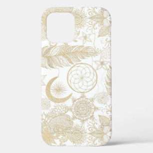 Funda Para iPhone 12 Boho White Gold Floral Fethers Dreamcatcher