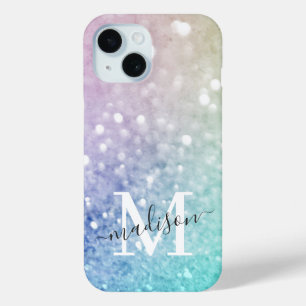 Funda Para iPhone 15 Bokeh Monogrammed, un colorido Purpurina