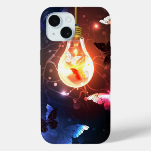 Funda Para iPhone 15 Bombilla brillante con mariposas nocturnas