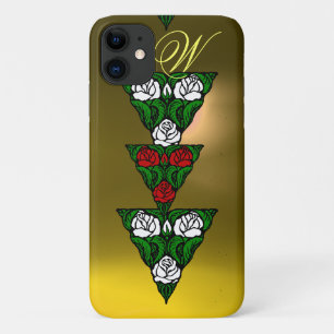 FUNDA PARA iPhone 11 BONITAS ROSAS ROJAS BLANCAS TRIANGLE MONOGRAM