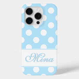 Funda Para iPhone 15 Pro Bonito azul pastel, grandes puntos de polka, nombr