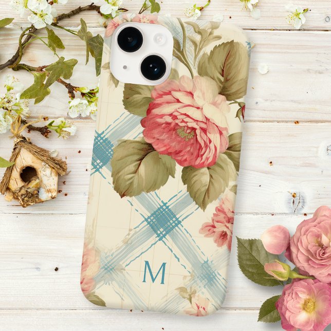 Funda De Case-Mate Para iPhone Bonito Farmhouse Rústico Monograma Roses rosadas (Subido por el creador)