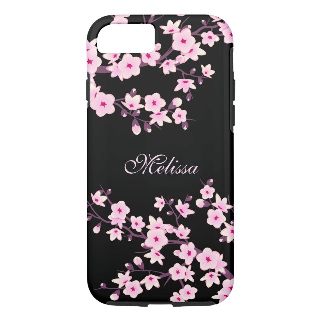 Funda De Case-Mate Para iPhone Bonito Floral Cerezo Blossom Monograma Negro Rosa (Reverso)