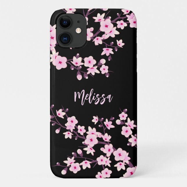 Funda De Case-Mate Para iPhone Bonito Floral Cerezo Blossom Monograma Negro Rosa (Reverso)