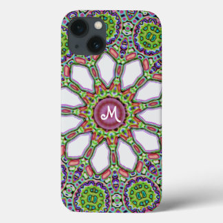 Funda Para iPhone 13 Bonito Monograma Morado Blanco marrón Flor Mosaico