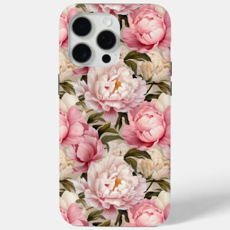 Funda Para iPhone 15 Pro Max Bonito Rosa Blanco Floral Peonies Diseñador fuerte