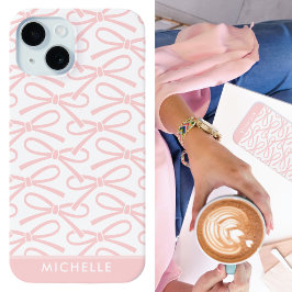 Funda Para iPhone 15 Bonito Rosa Bow Nombre personalizado Rosa