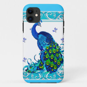 Funda Para iPhone 11 Borde giratorio azul y diseño de pavo real