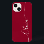 Funda Para iPhone 14 De Case-Mate Borgoña Red Blanco Elegante Nombre de guión de cal<br><div class="desc">Borgoña Red White Elegant Caligraphy Script Personalizado Nombre personalizado iPhone 14 Smart Phone Cases presenta un diseño moderno y moderno,  sencillo y elegante con su nombre personalizado en una tipografía de caligrafía escrita a mano y elegante en un fondo rojo burdeos. Diseñado por ©Evco Studio www.zazzle.com/store/evcostudio</div>