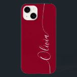 Funda Para iPhone 14 De Case-Mate Borgoña Red Blanco Elegante Nombre de guión de cal<br><div class="desc">Borgoña Red White Elegant Caligraphy Script Personalizado Nombre personalizado iPhone 14 Smart Phone Cases presenta un diseño moderno y moderno,  sencillo y elegante con su nombre personalizado en una tipografía de caligrafía escrita a mano y elegante en un fondo rojo burdeos. Diseñado por ©Evco Studio www.zazzle.com/store/evcostudio</div>