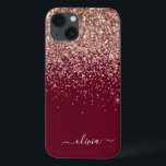 Funda Para iPhone 13 Borgoña Rubor Rosa Rosa Rosa Purpurina oro Monogra<br><div class="desc">Oro Rosa - Rubor Pink and Burgundy Faux Sparkle and Dripping Purpurina Cepillado Nombre de Monograma Metalizado y Teléfono Inicial. Esto hace que el dulce perfecto cumpleaños 16, boda, ducha de novia, aniversario, ducha de bebé o fiesta de soltera sea regalo para alguien que ama el lujo glam y los...</div>