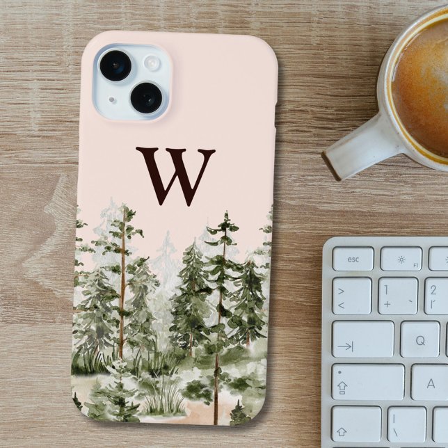 Funda De Case-Mate Para iPhone Bosque Verde Rústico Aquarela Monograma (In situ)