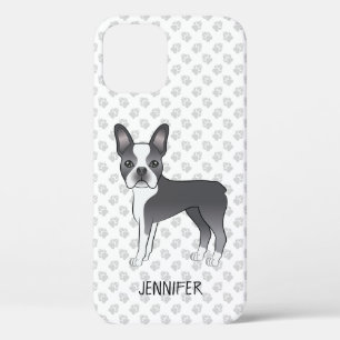 Funda Para iPhone 12 Boston Terrier de dibujos animados azul y blanco y