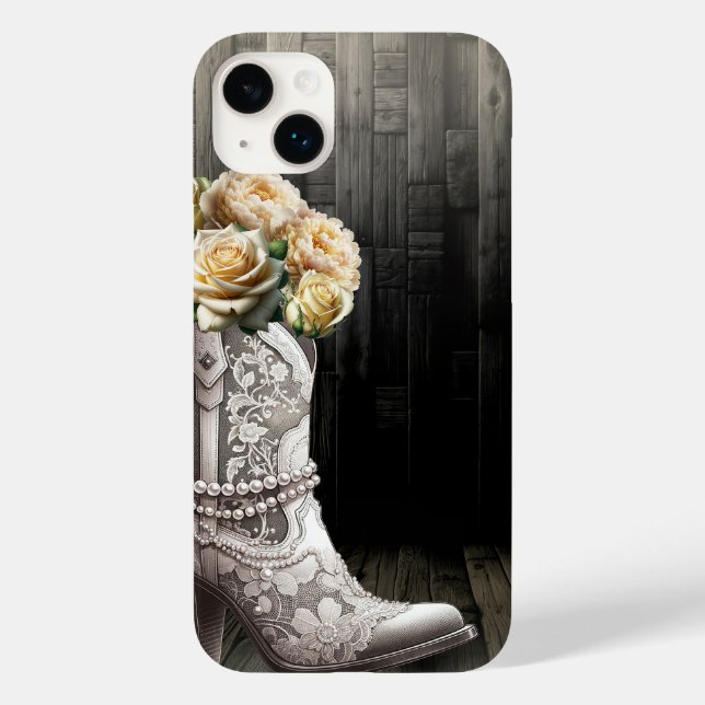 Funda De Case-Mate Para iPhone Botas de encaje vaquera y flores blancas novia rús (Reverso )