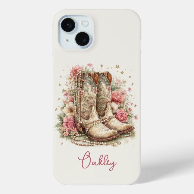 Funda De Case-Mate Para iPhone Botas de vaquera elegantes con flores monogramadas (Reverso )