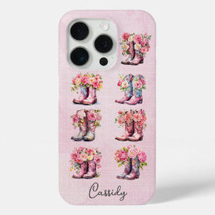 Funda Para iPhone 15 Pro Botas de vaquera rosas con flores monogramadas