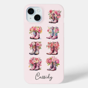 Funda Para iPhone 15 Mini Botas de vaquera rosas con flores monogramadas