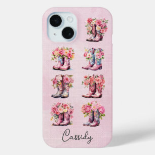 Funda Para iPhone 15 Botas de vaquera rosas con flores monogramadas