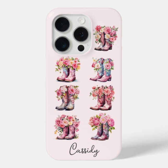 Funda De Case-Mate Para iPhone Botas de vaquera rosas con flores monogramadas (Reverso )