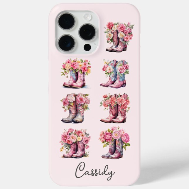 Funda De Case-Mate Para iPhone Botas de vaquera rosas con flores monogramadas (Reverso )