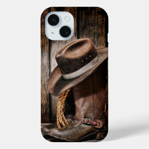 Funda Para iPhone 15 botas de vaquero de madera marrón del país occiden