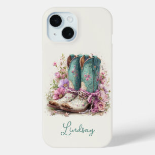 Funda Para iPhone 15 Botas elegantes de color azul verde con flores mon