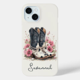 Funda Para iPhone 15 Botas elegantes de cuero de vaca con flores monogr