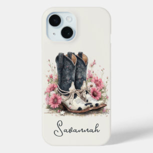 Funda Para iPhone 15 Botas elegantes de cuero de vaca con flores monogr