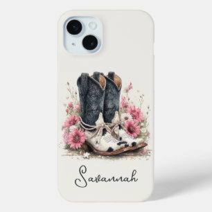 Funda Para iPhone 15 Mini Botas elegantes de cuero de vaca con flores monogr