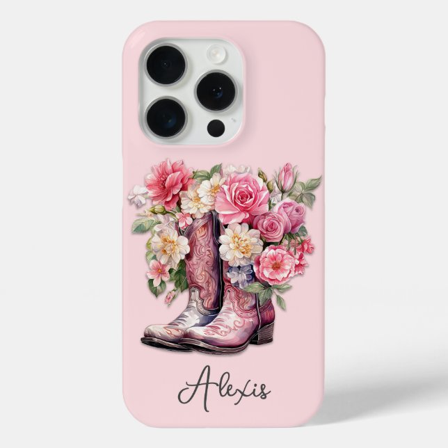 Funda De Case-Mate Para iPhone Botas rosadas con flores monogramadas (Reverso )