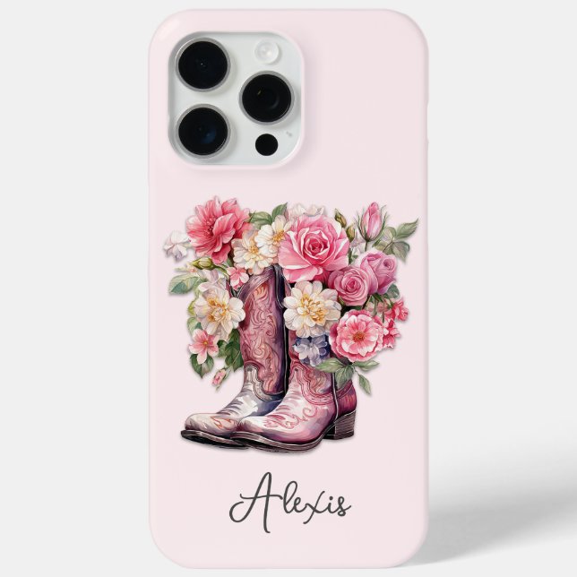 Funda De Case-Mate Para iPhone Botas rosadas con flores monogramadas (Reverso )