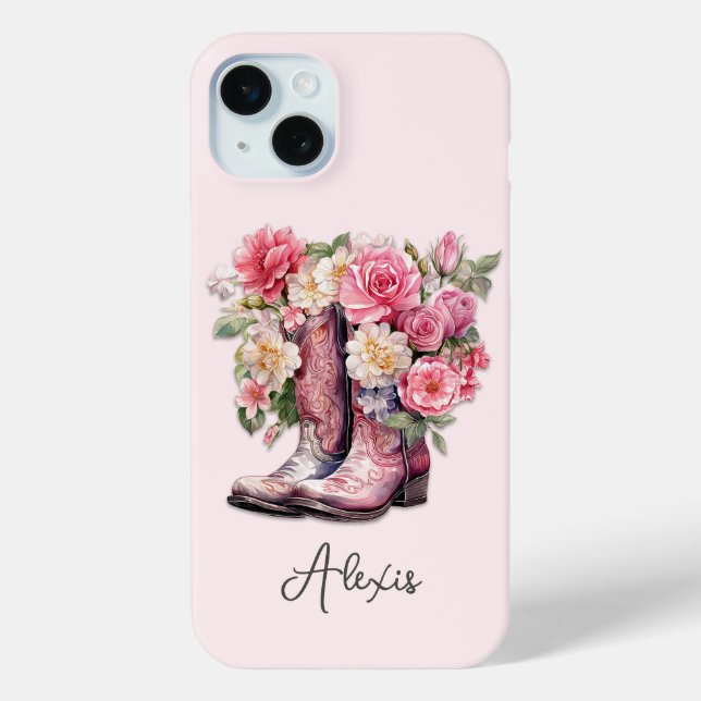 Funda De Case-Mate Para iPhone Botas rosadas con flores monogramadas (Reverso )
