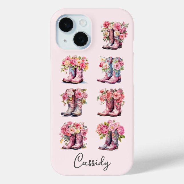 Funda De Case-Mate Para iPhone Botas Rosadas de Vaquera con Flores Monogramadas (Reverso )