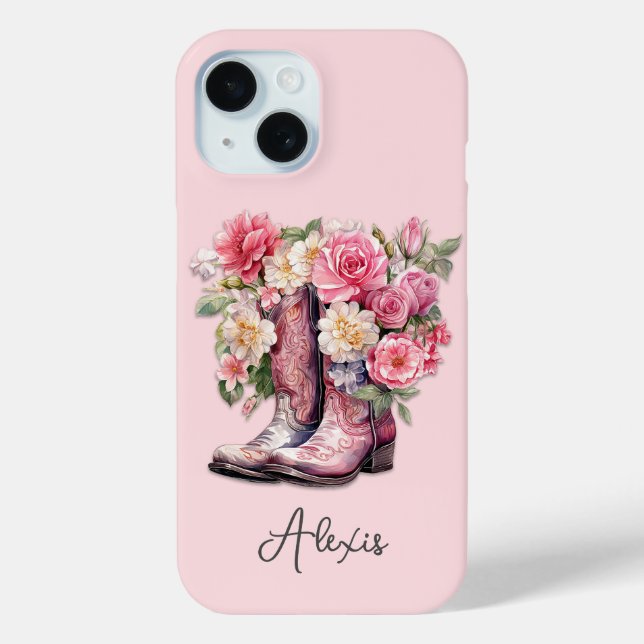 Funda De Case-Mate Para iPhone Botas rosas con flores monogramadas (Reverso )
