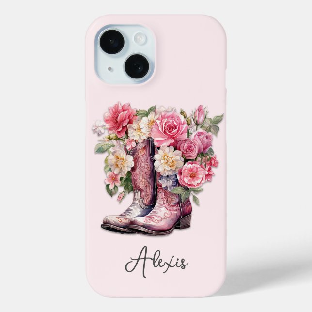 Funda De Case-Mate Para iPhone Botas rosas con flores monogramadas (Reverso )