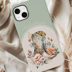Funda Para iPhone 14 Plus De Case-Mate Botas vaqueras florales en verde arco personalizad