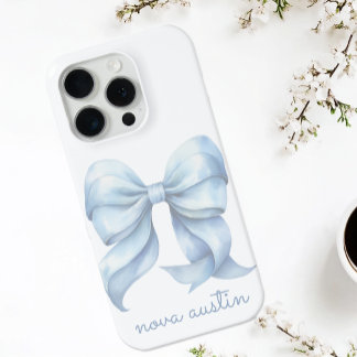 Funda Para iPhone 15 Pro Bow azul moderno personalizado con monograma de no