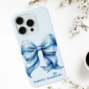 Funda Para iPhone 15 Pro Bow azul moderno personalizado con monograma de no