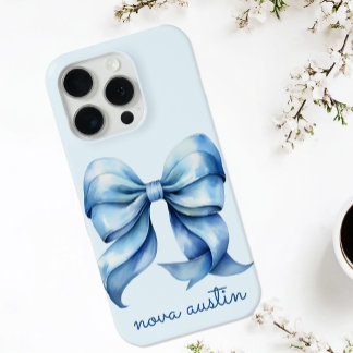 Funda Para iPhone 15 Pro Bow azul moderno personalizado con monograma de no