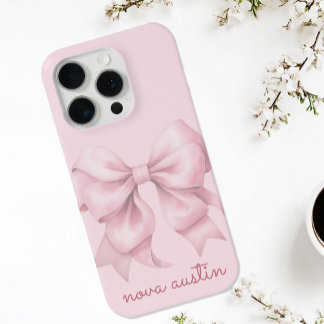 Funda Para iPhone 15 Pro Bow rosa de moda personalizado con monograma de no
